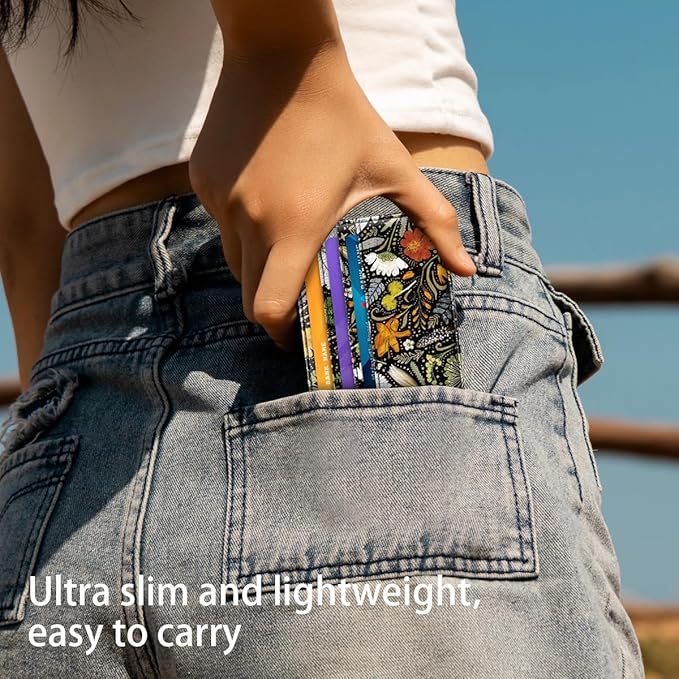 Slim Minimalist Front Pocket RFID Blocking Credit Card Holder Small Wallet Cute Card Cases for Women,Dried Flowers