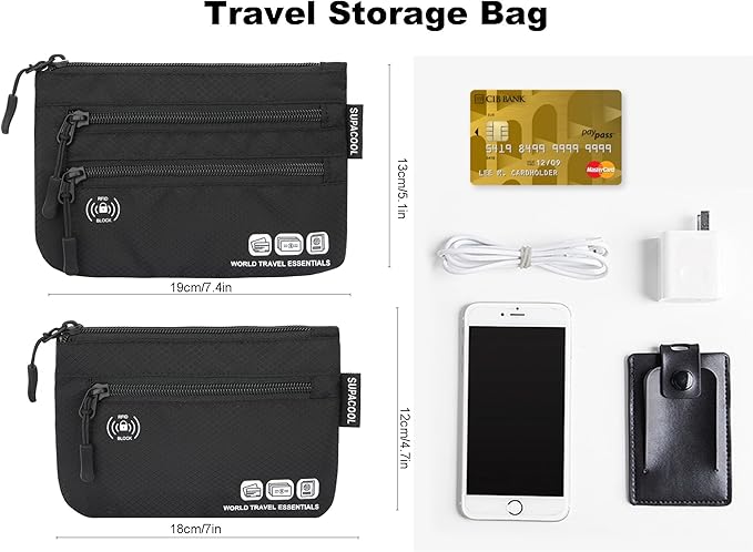 SUPACOOL Passport Holder Bag, Travel Wallet for Men Women Family, Passport Pouch, Card Holder Organizer, RFID Blocking, Two-piece Set(Black)