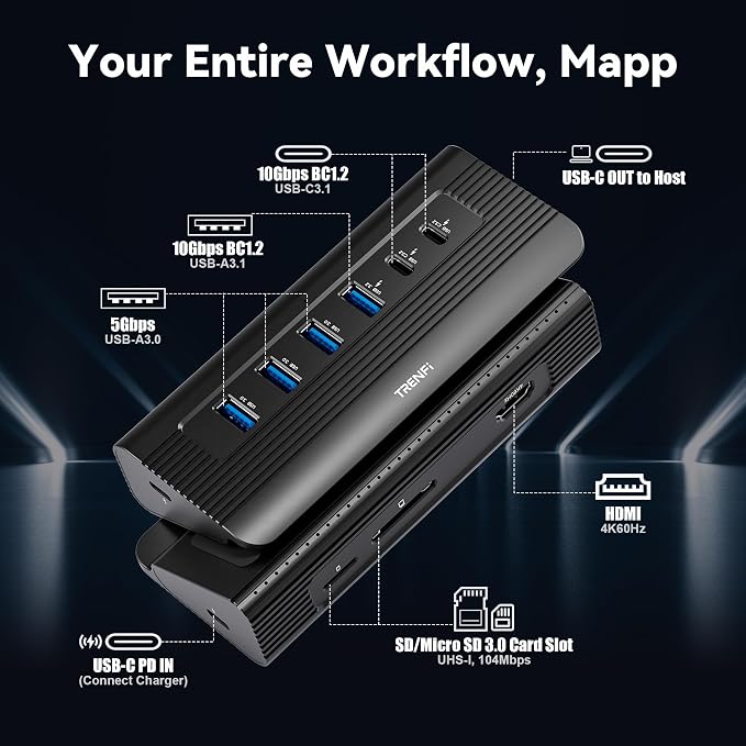 TRENFI 10-in-1 Aluminum USB C Hub with Detachable Cable | USB 3.2 Gen2 10Gbps, 4K 60Hz HDMI, 100W PD Charging, SD/TF Reader for Laptop, M1-M5 MacBook Pro/Air, Mac mini (Black)