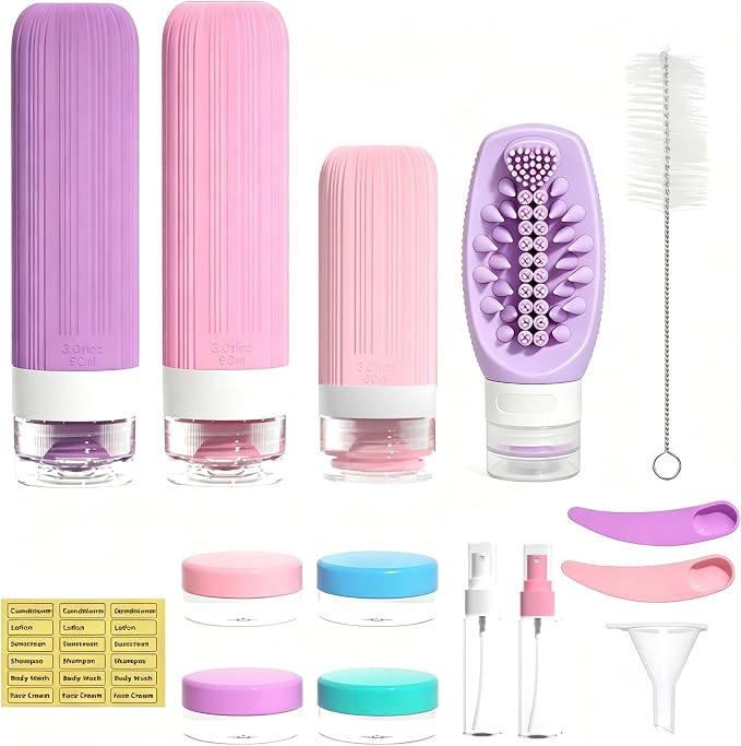 Vitog 16 Pack Travel Bottles with Soft Brush, TSA Approved Silicone Travel Containers for Toiletries, Squeezable Leak Proof Refillable Travel Accessories for Conditioner, Shampoo, Lotion & Body Wash
