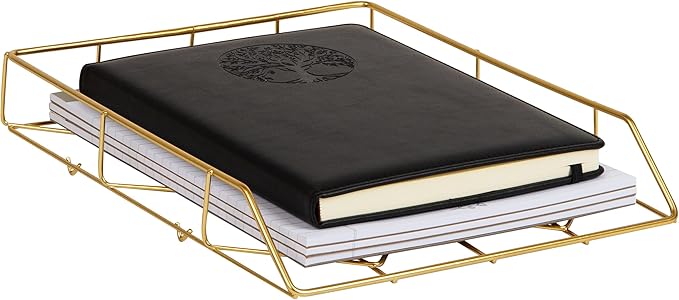Mind Reader Gold Geometric Paper Tray, Modern Organizer for Documents, Folders, and Office Supplies, Durable and Stylish, Metal, Gold