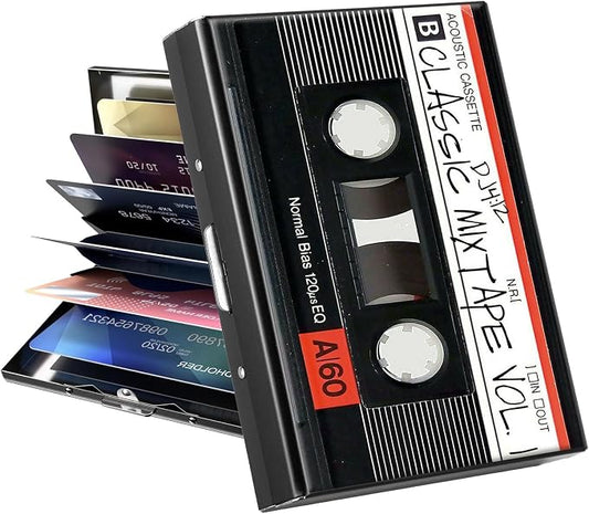 Metal Wallet, Credit Card Holder for Women Men Girls, RFID Blocking Aluminum Wallet Slim Hard Case, Mini Travel Wallet, ID Card Holder Business Card Case,Retro Audio Cassette