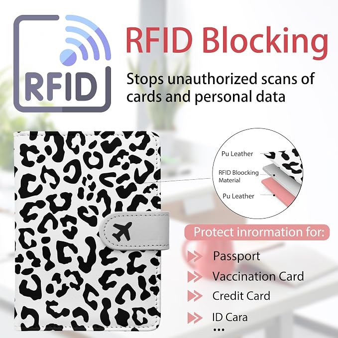 Passport Holder, Travel Wallet Cover with Pen Loop | Cute RFID Blocking Leather Case with Magnetic Closure for Travel Essentials-Leopard