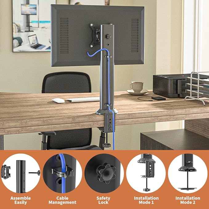 HEMUDU Single Desk Monitor Arm Mount Stand Fit for 13 inch to 32 inch Flat Curved Computer Screen with Swivel, Height Adjustable, Rotation,Holds up to 77lbs, Black
