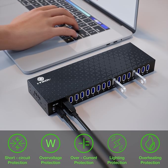 USB 3 0 Hub - 16 Ports Powered USB Hub - Desktop USB Expander Hub - up to 5Gbps High-Speed USB Splitter for Multiple Devices - Aluminum Alloy Multiple USB Hub w/AC Adapter for Laptop Phone Tablet PC