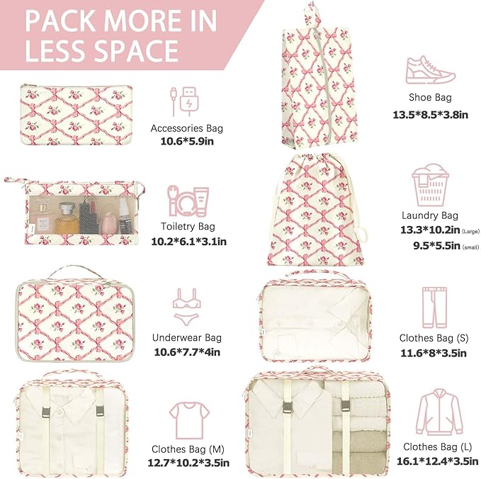 KPX 8 Set Packing Cubes for Travel, Luggage Packing Organizers Accessories Large Toiletries Bag for Clothes Shoes Cosmetics (8Set-Flower & Bow)