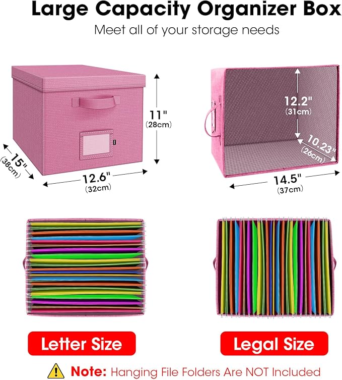 File Organizer Box with Lid, Linen Hanging File Storage Box with Handle, Collapsible Document Filling Box for Letter/Legal Folder, Portable File Box for Office/Decor/Home (1 Pack, Pink)