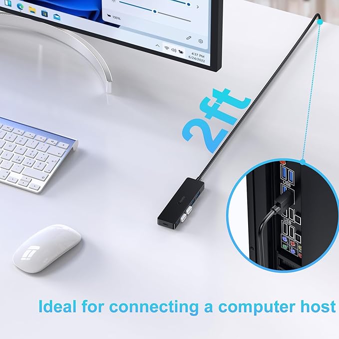 Aceele 4-Port USB 3.0 Hub, Ultra-Slim Data USB Hub with 2ft Extended Cable [Charging Not Supported], USB Extender for MacBook, Mac Pro, Mac mini, iMac, Surface Pro, XPS, PC, Flash Drive, Mobile HDD