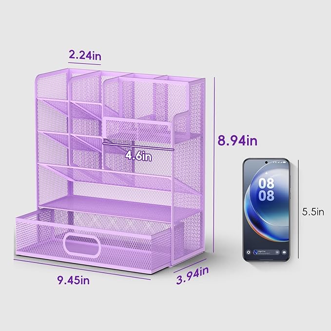 Mesh Pen Organizer for Desk - Multi-Functional Pencil Holder with Drawer Desk Organizers, Large Capacity Storage for School Office Home Supplies (Purple)