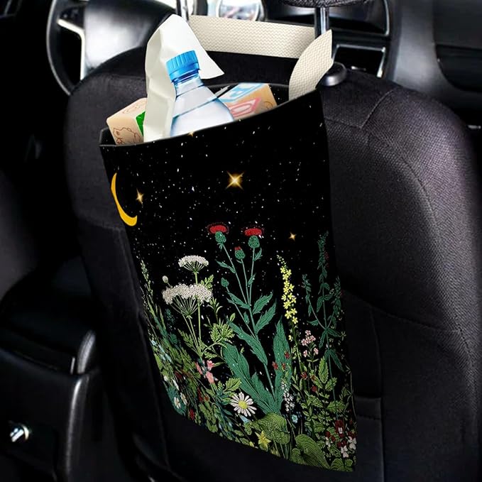 IRADA Car Trash Bag Hanging No Snap Small Garbage Bag for Car Back Seat Cute Printed One-Handed Strap Trash Bags Car Accessories-Wildflowers-Black Car Trash Bags