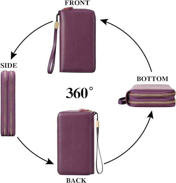 SENDEFN Leather Women Wallet RFID Blocking Zipper Around Phone Holder Clutch Wristlet Large Capacity