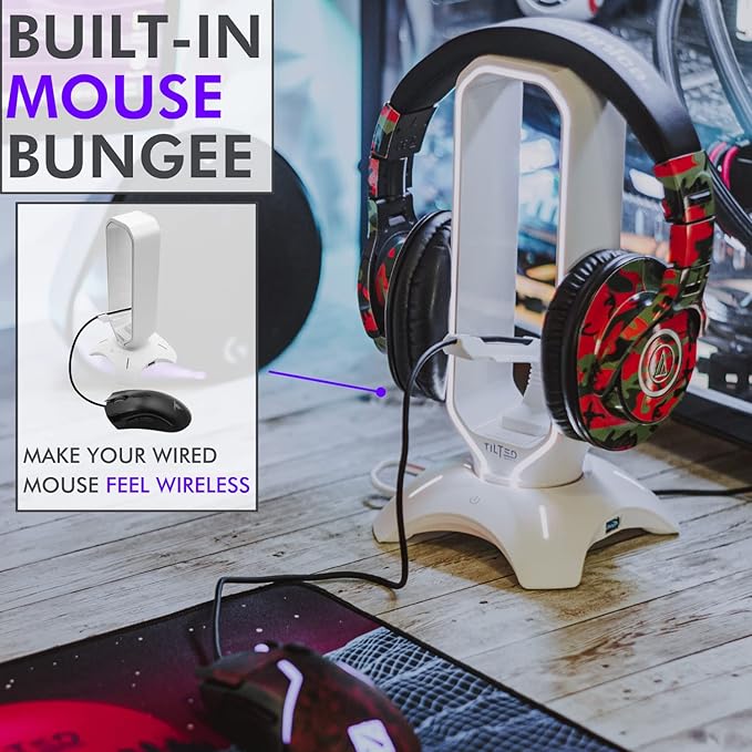 Tilted Nation Gaming Headphone Stand | RGB Headset Stand White | Headset Holder for Desk with Mouse Bungee and USB Hub | The Ultimate Gaming Accessories for Gamers for PS5, Xbox, PC - White