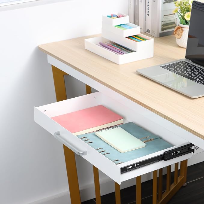 Under Desk Drawer White 21" with 4 Divider Trays, Under Shelf Pencil Drawer Pull-out, Standing Desk Metal Storage Attachment Slide Out for Workbench