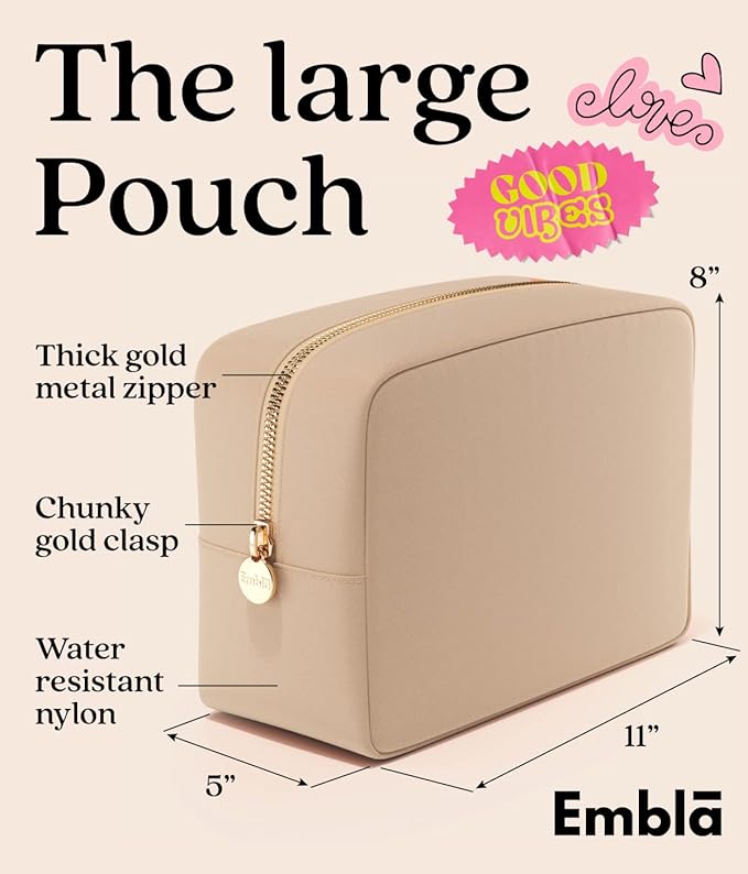 Embla Large Makeup Bag and Waterproof Nylon Travel Toiletry Bag, Large Capacity Cosmetic Zipper Pouch, Beige