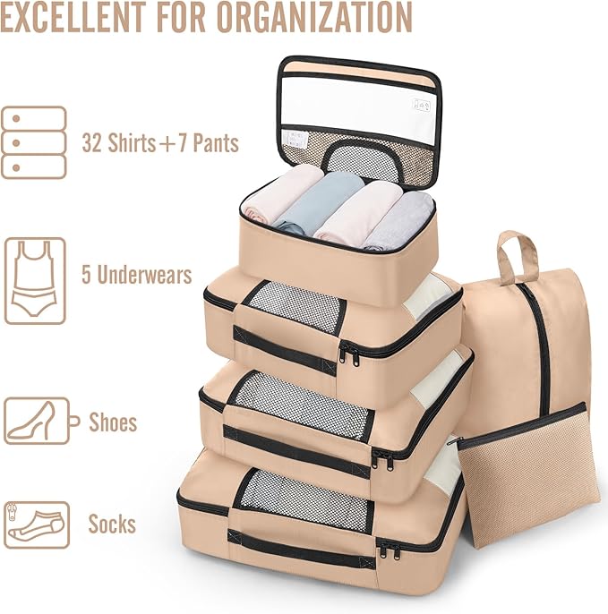 Veken 8 Set Packing Cubes for Travel Essentials, Suitcase Organizer Bags in 4 Sizes, Carry-On Luggage Accessories with Large Laundry & Hanging Toiletry Bag, Must-Have for Airplane, Road Trip & Camping