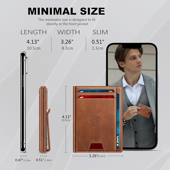 Wallet for Men 14-16 Cards, Men's Leather Wallet, Minimalist Thin Card Holder RFID Blocking Money Clip with Simplified Bill Folder & Magnetic Closure, Gifts for Men, Brown