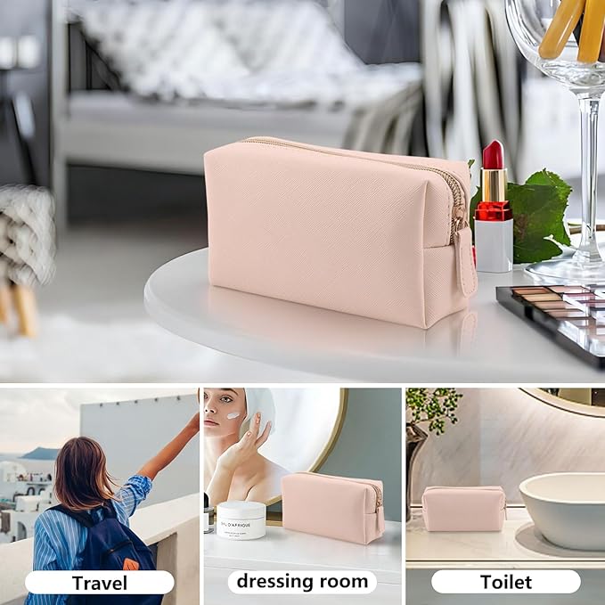 Leather Makeup Bag for Purse Travel, Portable Small Cosmetic Organizer for Women and Girls, Make up Bag with Zipper