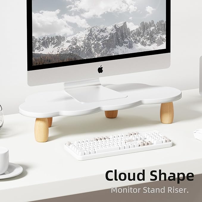AFOOYO Monitor Stand Riser, Cloud-Shaped Sturdy Wood Computer Monitor Riser, Laptop Monitor Stand+Bear Charger Stand Silicone Dock Holder for Apple Watch Series