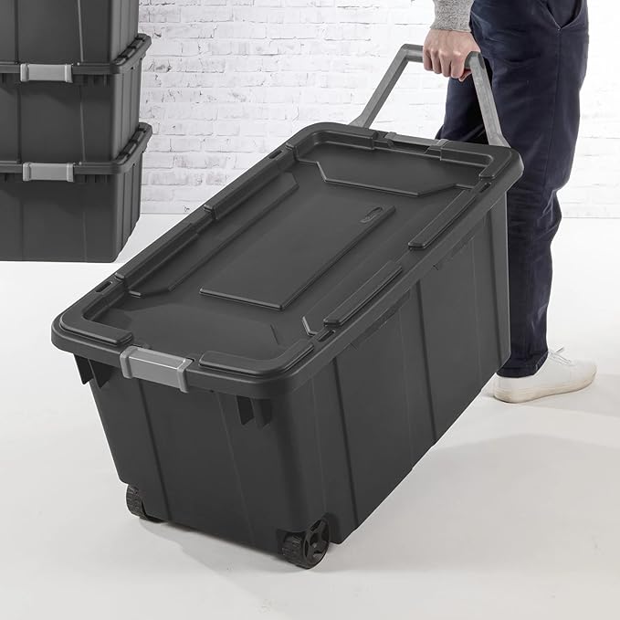 40-Gallon Industrial Storage Bin with Wheels, Heavy-Duty Resin Plastic Tool Box with Locking Lid, Workshop Garage Equipment Organizer, Deep Gray