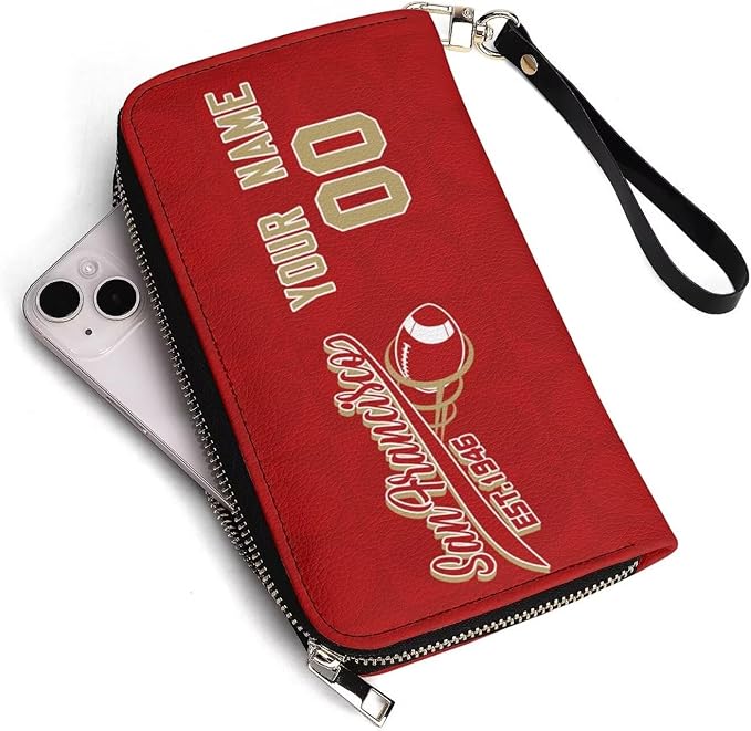 Custom Sports Team Zip Organizer Wallet-Personalized PU Leather Wallet with Name Number,Multi-Card Slots,Wrist Strap,Fan Gift for Men Women.