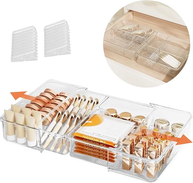 Expandable Drawer Organizer, Adjustable Shallow Tray, 11" to 19" Width | 1.97" Height, Clear Plastic Storage, For Bedroom/Living Room/Kitchen/Bathroom/Office, Cosmetic/Tools/Cutlery/Stationery