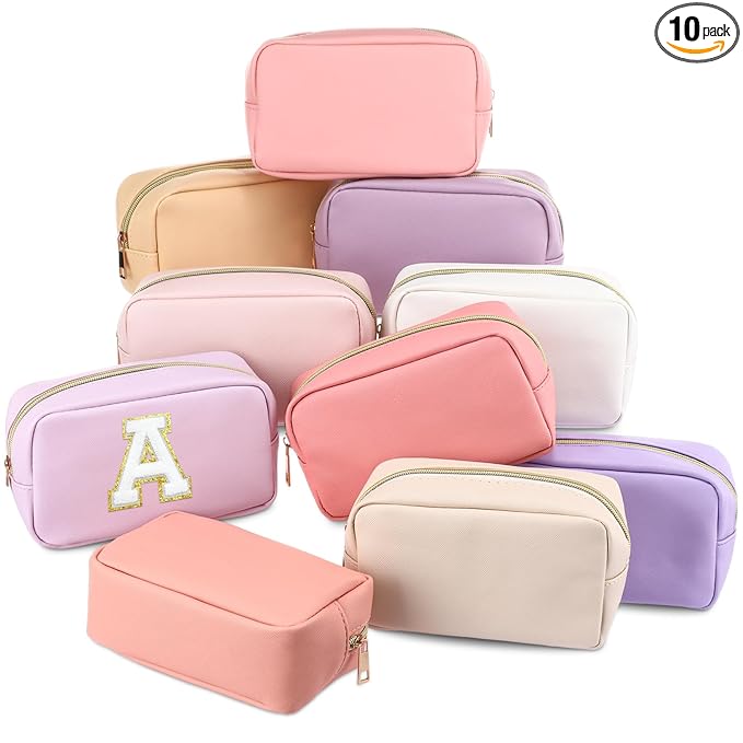 Sweetude 10 Pcs Makeup Bag Bulk for Women Preppy Gift PU Leather Cosmetic Bag Small Skincare Toiletry Pouch Mother Travel Cosmetic Pouch for Bridesmaid Bride Wedding Gift Favors (Pink and Purple)