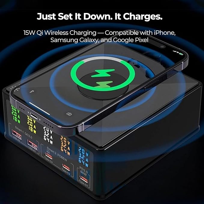 160W Desktop Charging Station 6-in-1: USB-C PD 65W Laptop Charger, QC 3.0, Qi Wireless Pad, Per-Port Digital Display On/Off ??for MacBook, iPhone, Samsung, Pixel