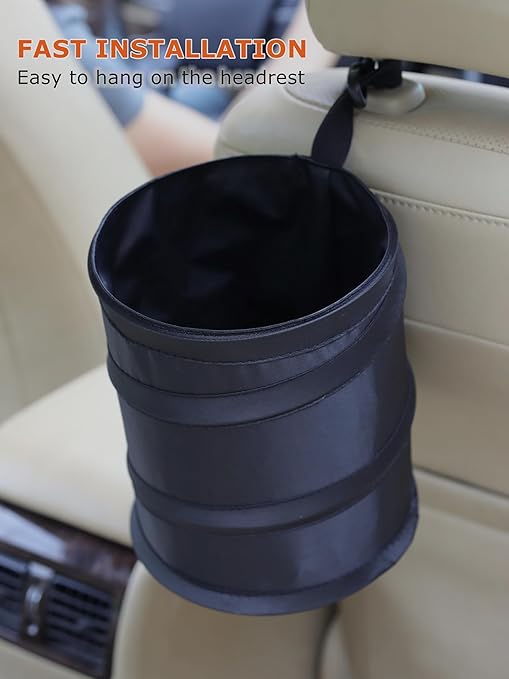 Ginsco 2Packs New Leakproof Car Trash Can, Mini Trash Can Pop-up Collapsible Hanging Car Trash Bin with Hook and Loop, Waterproof PEVA Liner Open-Top 1 Gallon Garbage Can for Cars Home Office