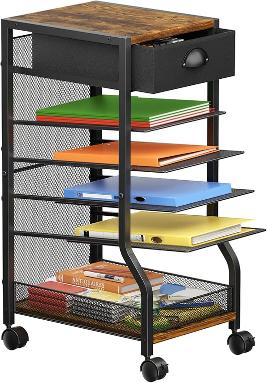 keomaisyto 6-Tier Rolling File Cart with Drawer, Under Desk Storage with Paper Letter Sliding Trays, Standing File Organizer with Wheels, Slim Workspace Organizers for Office/Home/School/Study