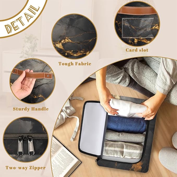 Black Gold Marble Storage Bins With Zipper Lid, Collapsible Trunk Organizer, Car Organizers and Storage Bins with Lids, Decorative Storage Boxes with Handle, Home Storage Baskets For Organizing
