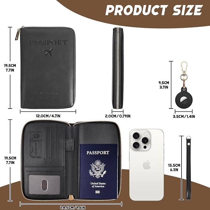 Passport Holder Wallet with Tracker Case, RFID Blocking PU Leather Passport Cover, Travel Document Organizer Wallet for Men and Women (Black)