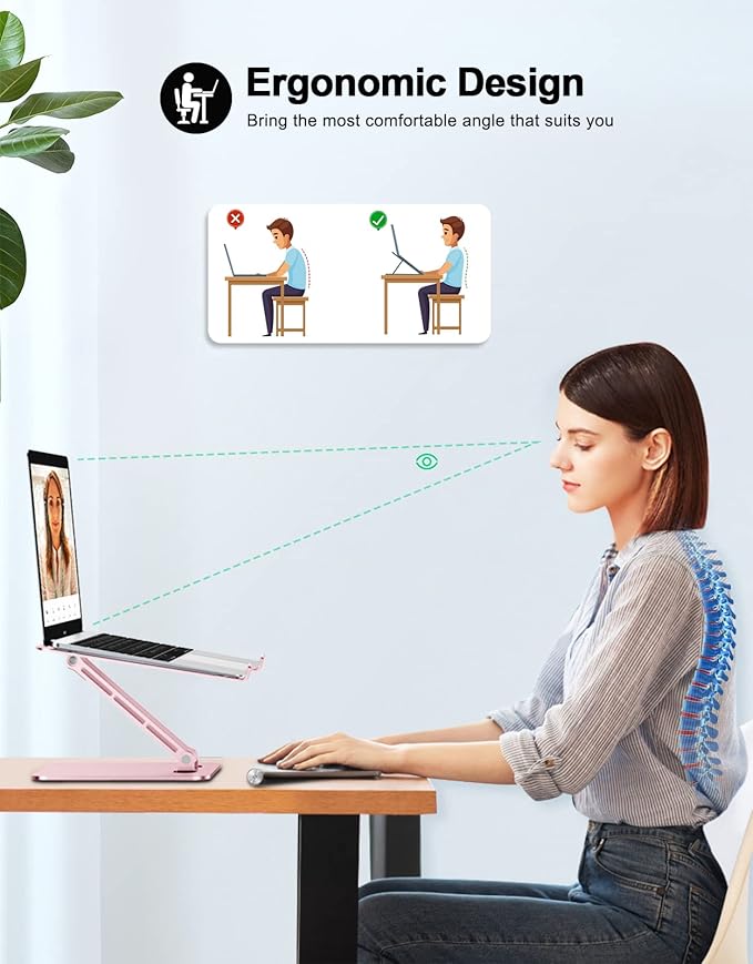 RIWUCT Foldable Laptop Stand, Height Adjustable Ergonomic Computer Stand for Desk, Aluminum Portable Laptop Riser Holder Notebook Mount Compatible with MacBook Pro Air, HP, Dell 10-16"(Rose Gold)