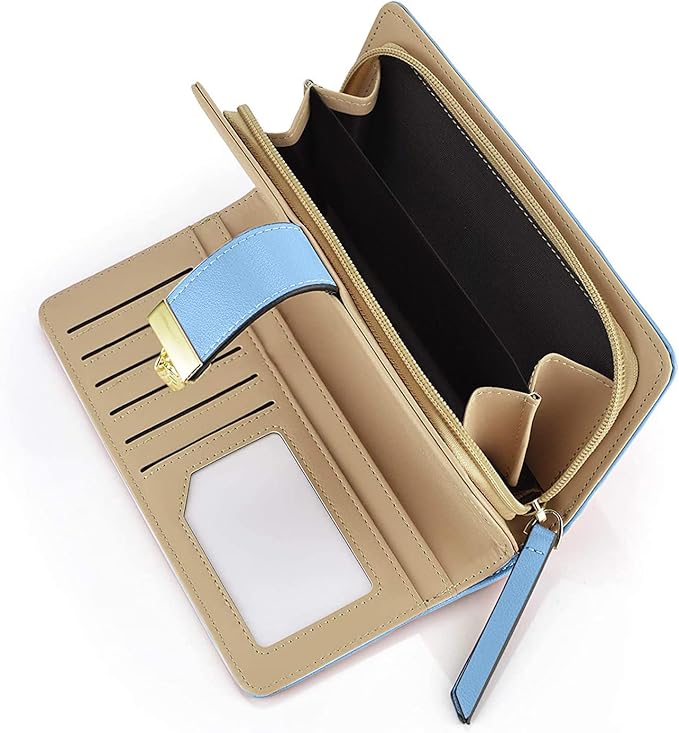 PGXT Women's Wallet Women Credit Card Holder Hollow Leaf Pattern Bifold Leather Lady Long Wallet Purse Zip Birthday Xmas Gifts for Women Girls(Blue)