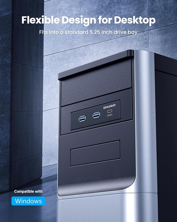 GRAUGEAR 5.25 Inch Internal USB Hub Front Panel – USB‑C 20Gbps + 2X USB‑A 5Gbps, Dual 2.5″ SSD/HDD Bays, Fits 5.25″ Bay, USB 3.2 A-Key 20-Pin & USB3.0 19‑Pin Headers, PC Case Desktop Expansion