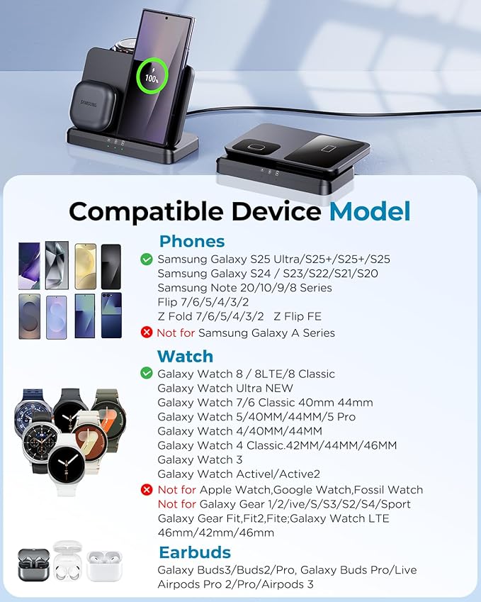 EGV Wireless Charger for Samsung – 3 in 1 Wireless Charging Station for Galaxy S26 Ultra S25 S24, Z Fold Flip 7/6, Detachable Watch Charger for Galaxy Ultra 8/7/6, Foldable, Fast Charging, No Adapter