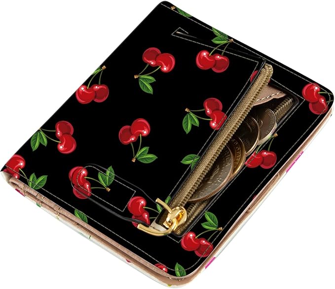 AIRMORS Women's Small Bifold Wallet, Thin Pocket Credit Card Organizer with ID Window, Zipper Coin Pouch and Key Ring for Girls Travel Cute Small (Cherry)