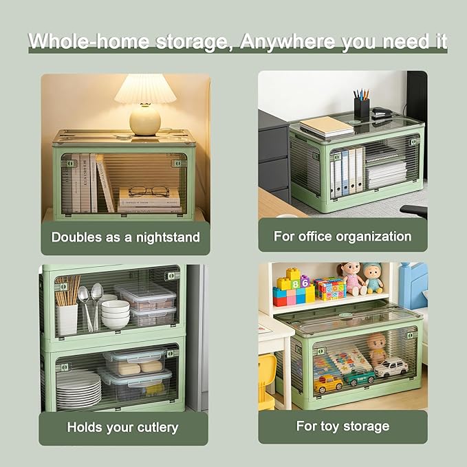 【5-Side Opening & 4 Rolling Casters】Storage Bins with Lids，Portable Foldable Storage Box ，Plastic Stackable Storage Bin for Snacks, Camping，Tools, Closet Organizer (Green)