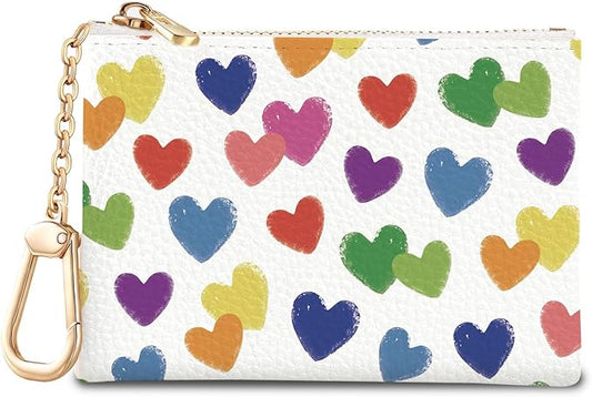 Love Hearts Keychain Coin Purse for Women, Small PU Leather Change Pouch, Zipper Little Tiny Travel Wallet for Girls, Cute Kawaii Zip Pocket Coin Holder with Key Ring