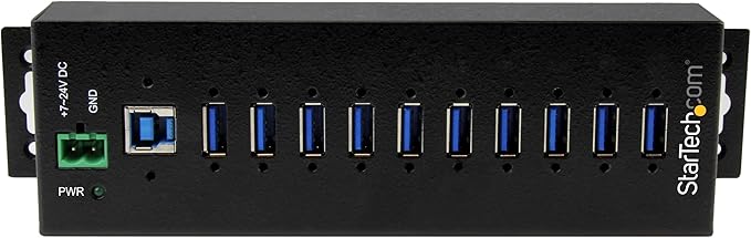 StarTech.com 10-Port USB 3.0 Hub with Power Adapter - Metal Industrial USB-A Hub with ESD & 350W Surge Protection - Din/Wall/Desk Mountable - High Speed USB 3.0 (5Gbps) - (5Gbps) Hub, TAA