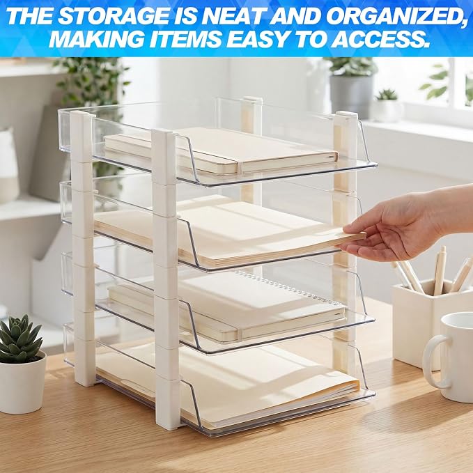 SiliFine 4 Tier Clear Stackable Desk Organizer 12.68 x 10.47 x 12.91 Inch Plastic Letter File Trays Rectangular Paper Storage Holder for Office Desktop Document Classroom Hospital (White)