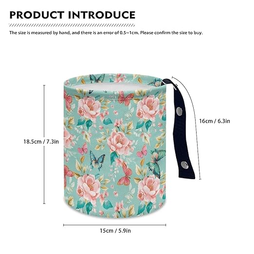 Pink Roses Butterflies Car Trash Bin Folding Vehicle Garbage Small Mini Front Back Seat Rubbish Basket with Strap Travel Garbage Organizer Bag Accessories, Keep Tidy Pink