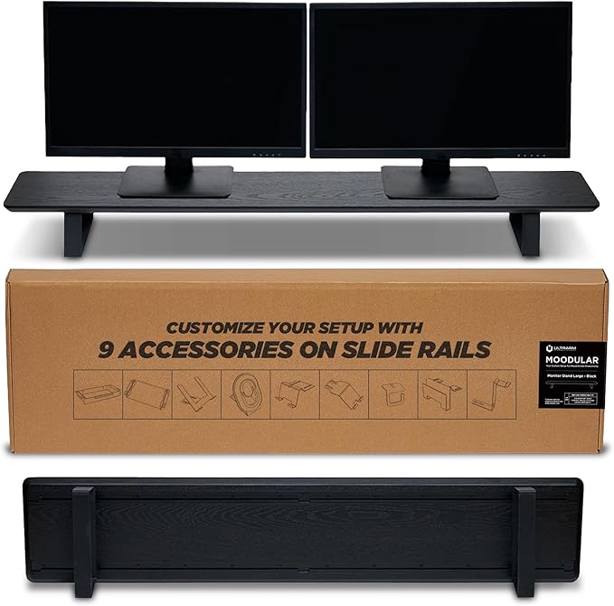 ULTRARM Moodular Wooden Monitor Stand 45.6??(116cm) Large Desk Organizer with Metal Slide Rails for Drawer, Tray, Laptop, Tablet, Phone & Headphones Customizable Riser for Organized Workspace Black