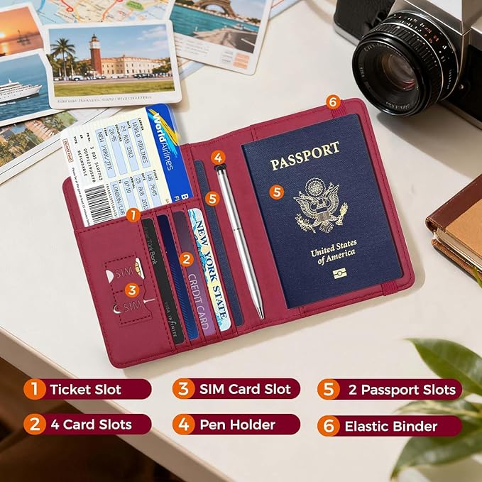 Cnycmy Passport Holder for Travel, Pu Leather Travel Wallet, RFID Blocking, Metal United States Coat of Arms, Waterproof cover for Family (Burgundy)