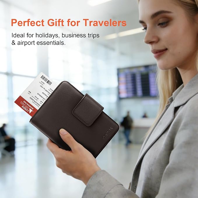Premium Full-Grain Leather Passport Holder with Hidden AirTag Slot - RFID Blocking Travel Wallet for Men & Women, Luxury Organizer (Coffee Brown)