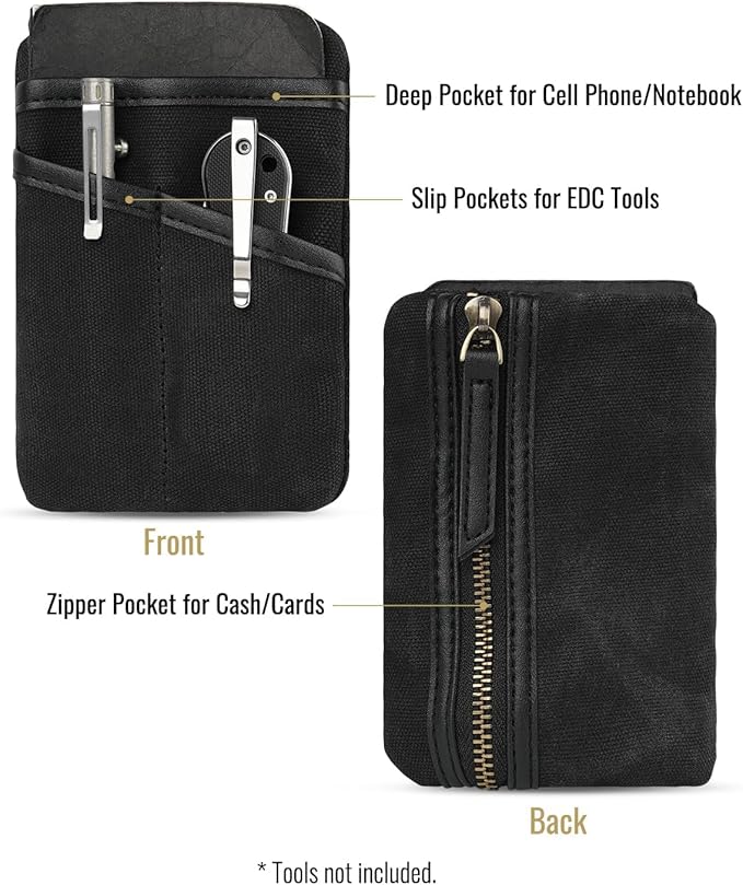 SAYRAM SP9 Pocket Organizer, Waxed Canvas EDC Pouch, Zipper Pocket Organizer Pouch for Men, Slim EDC Organizer for Coins, Notebook, Multitool, Tactical Pen
