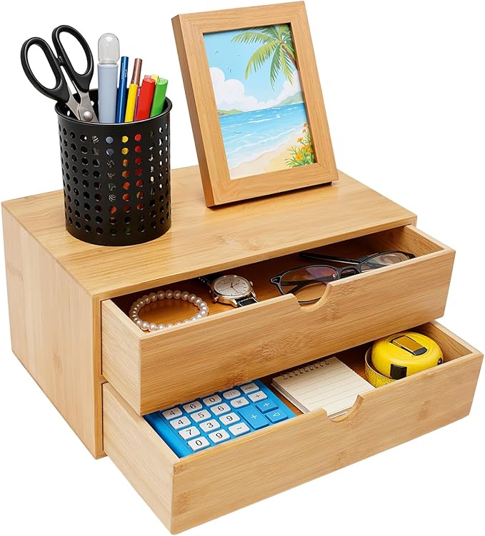 Bamboo Desk Organizer 2 Drawers Tabletop Storage Organization Box, No Assembly Needed for Home Office Storage, 12.99 * 7.48 * 6.3in (1 above & 1 below)