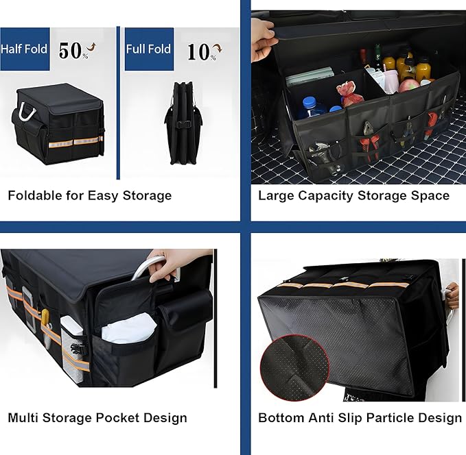 Collapsible Car Trunk Organizer with Reflective Strips, Durable 1680D Oxford Fabric, Large Capacity Storage Bin with Aluminum Handles, Anti-Slip Bottom – 60x35x30cm (23.4x13.8x11.8 inches)