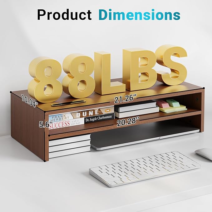 BONTEC Wood Monitor Stand Riser, 2-Tier Desktop Organizer with Storage, Ergonomic Computer Stand for Desk, Cable Management, Cellphone Holder, 21.3 Inch Shelf, Walnut
