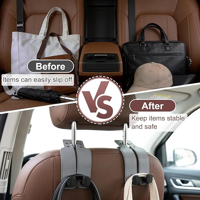 3Pcs Headrest Hooks for Car, Car Purse Hook, Double Leather Car Seat Back Storage Hook for Handbags Purses Bags (3 Color)
