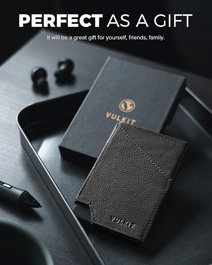 VULKIT Pop up Card Wallet Genuine Leather RFID Blocking Slim Aluminum Metal Bank Card Holder Case with Business Money Pocket for Credit Cards Notes and Coins Black
